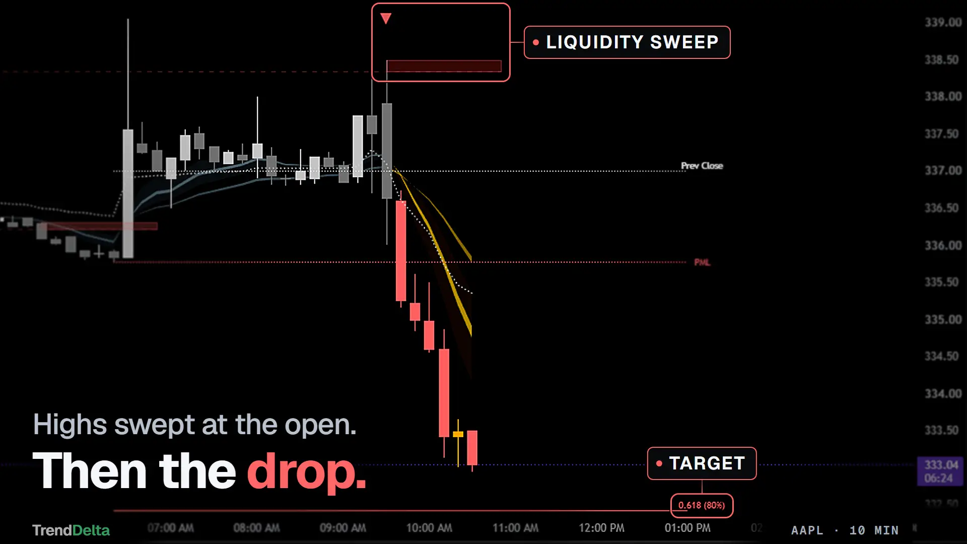 A liquidity sweep at the open on AAPL 10-minute: the prior high wicked through, boxed in red, and the drop that followed with its target drawn below